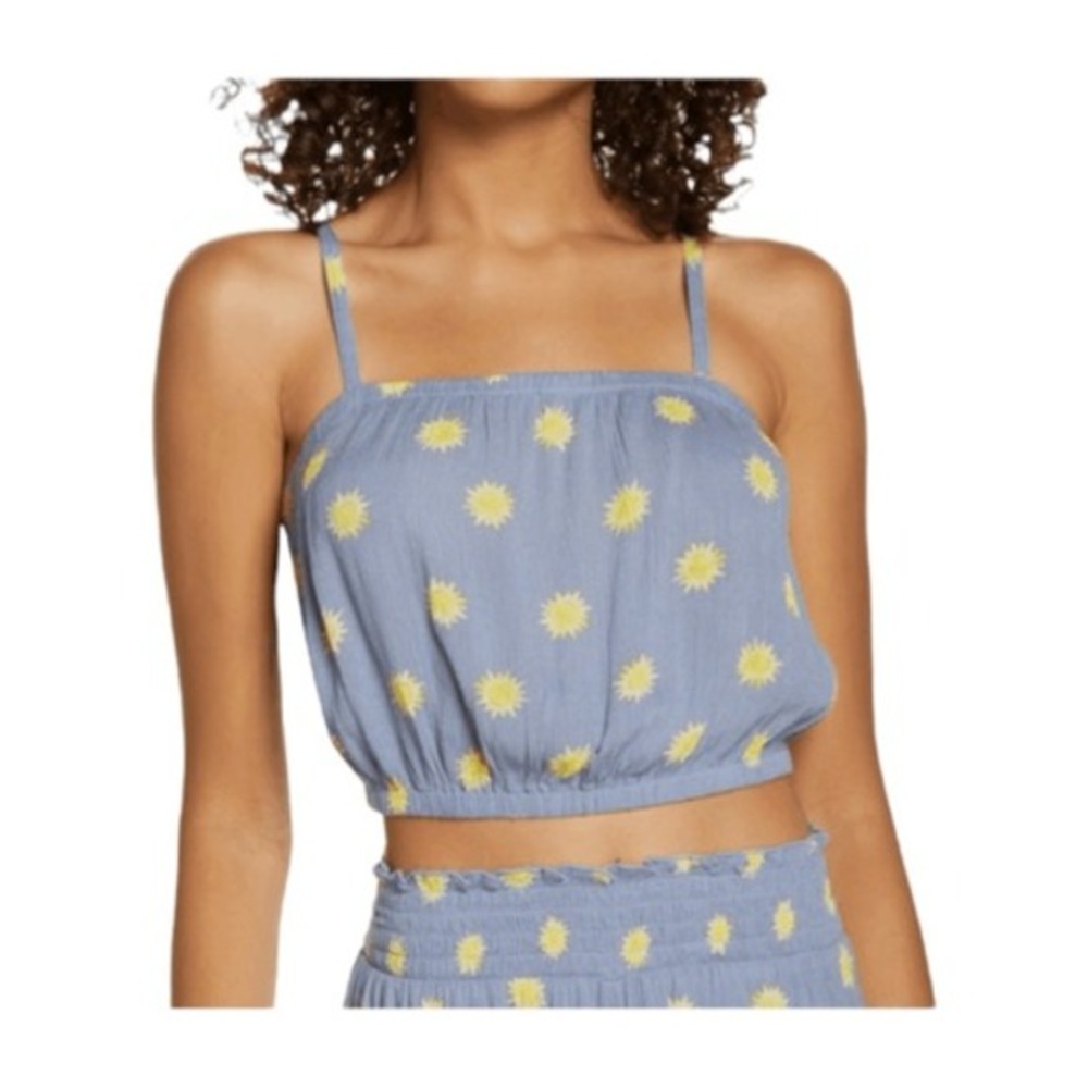 BP Summer Breeze Sun Print Top Blue Yellow Chambray‎ Cropped Halter M